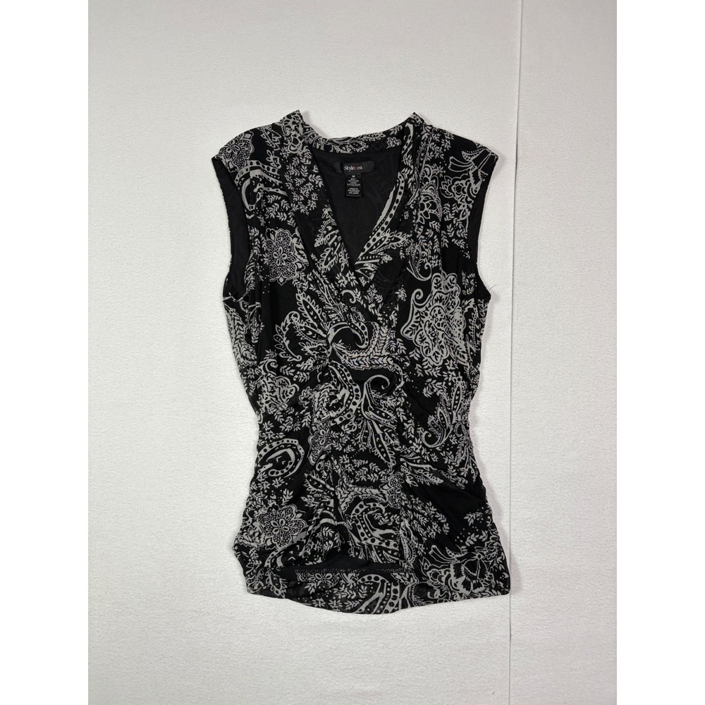Style & co Womens Medium Black White Paisley Mesh Ruched Surplice V-Neck Blouse